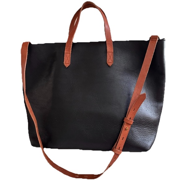 Madewell Handbags - Madewell The Transport Tote Bag Black W Brown Handle 100% Leather Zip Top